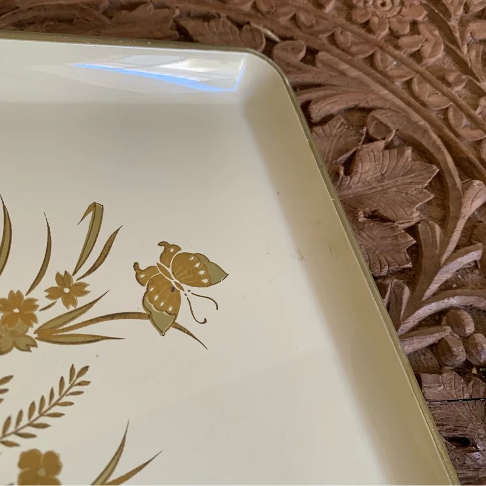Vintage Otagiri Japan Butterflies Floral Lacquerware Mini Tray Decor Gold Ivory